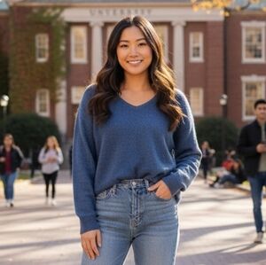 American Eagle Women's Cozy Casual Blue V-Neck Oversized Sweater Size L
